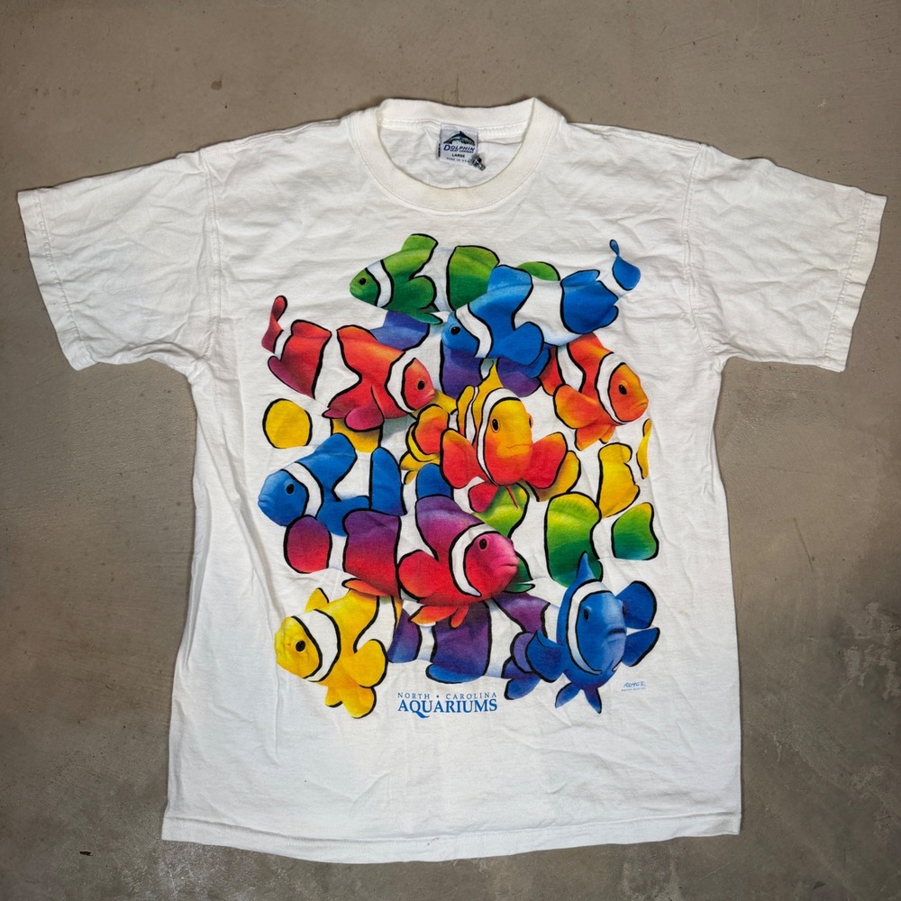 Vintage 90s Dolphin Shirt Co Aquariums Clownfish Colorful T-Shirt Large USA
